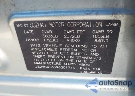 2009 Suzuki Sx4 Technology из США, поврежденный, VIN JS2YB413596201745